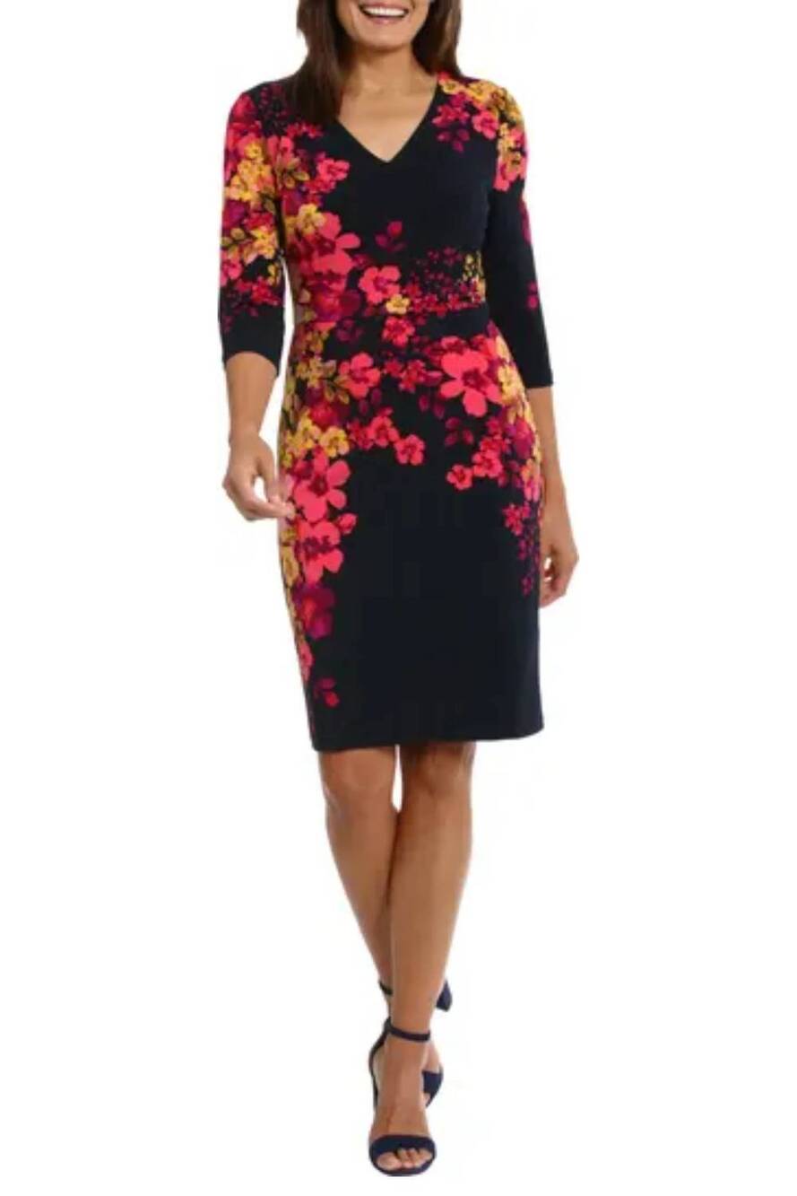 NEW LONDON TIMES floral print 3/4 sleeve sheath dress in navy coral